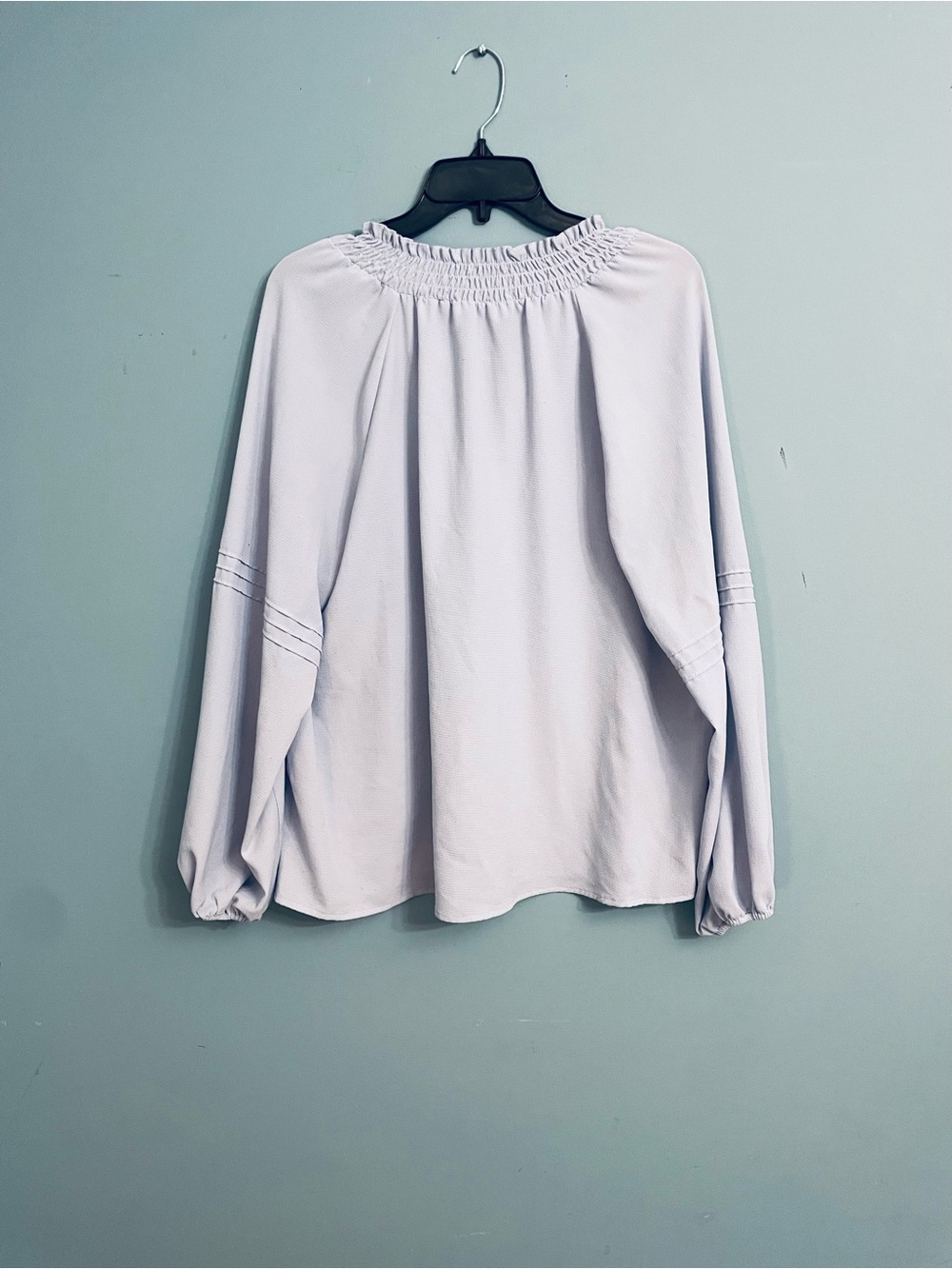Smocked Neck Light Blue Peasant Blouse with Tie - Picture 5 of 6